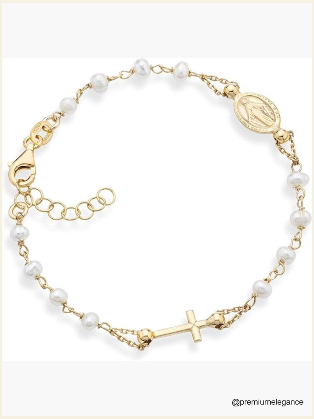 18K Gold Plated Sterling Silver Pearl Rosary Cross Bracelet